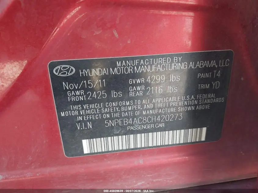 2012 HYUNDAI SONATA GLS