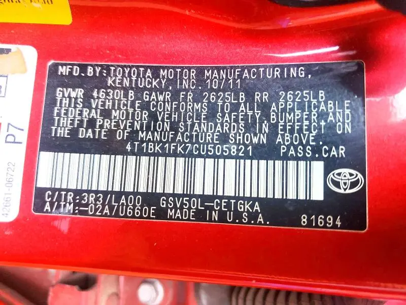 2012 TOYOTA CAMRY XLE V6  