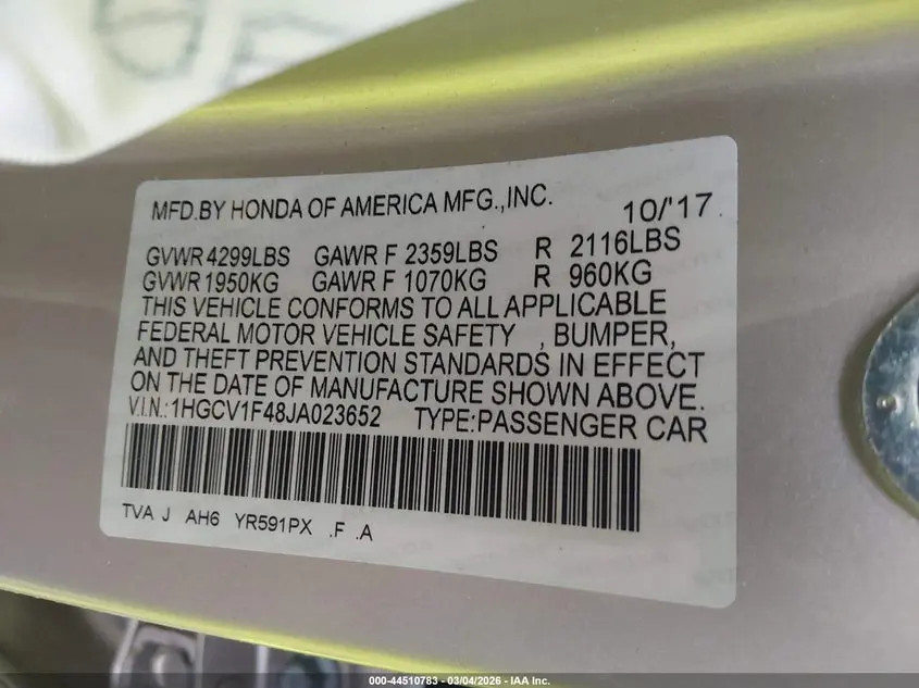 2018 HONDA ACCORD EX