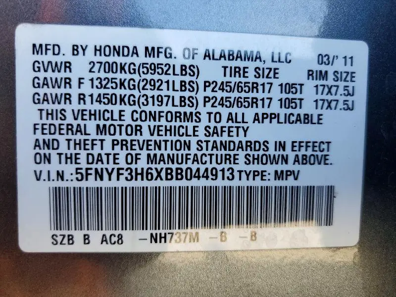 2011 HONDA PILOT EXL  