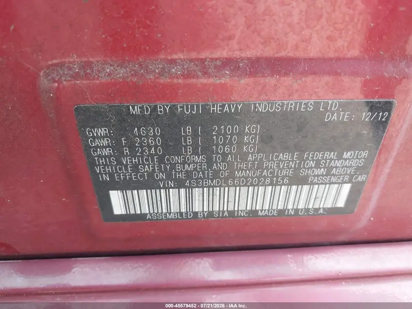 2013 SUBARU LEGACY 3.6R LIMITED