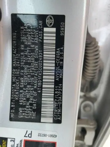 2012 TOYOTA CAMRY HYBRID  