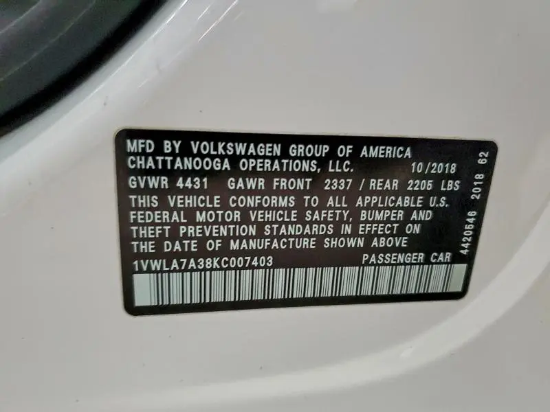 2019 VOLKSWAGEN PASSAT WOLFSBURG  