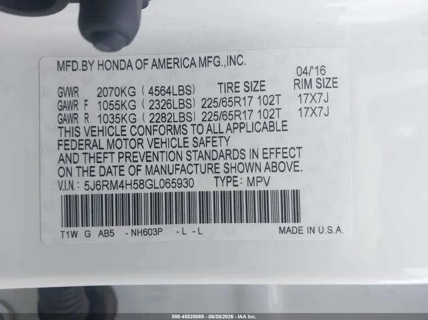 2016 HONDA CR-V EX