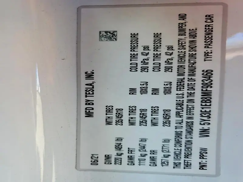2021 TESLA MODEL 3   