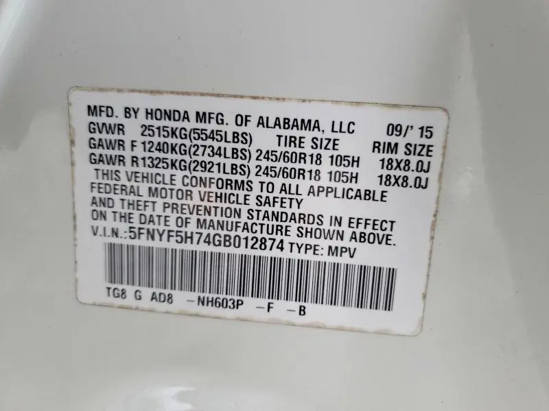 2016 HONDA PILOT EXLN  