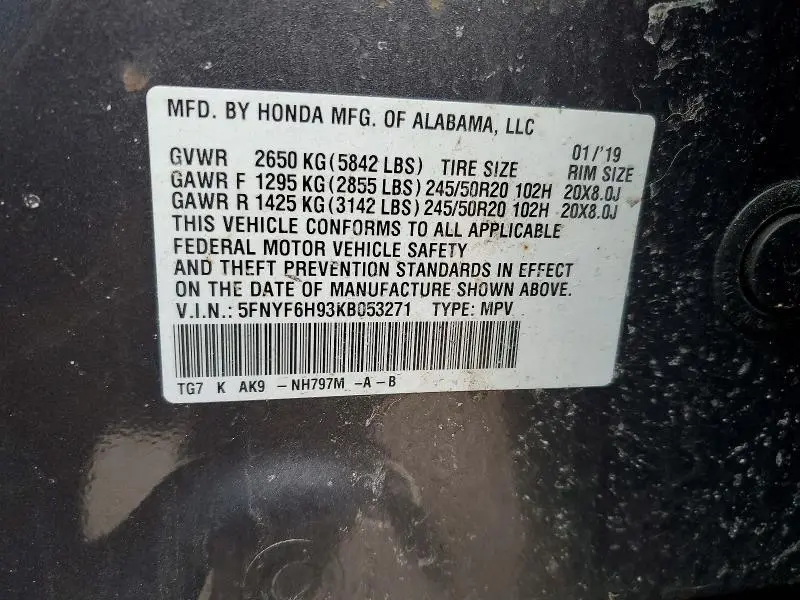 2019 HONDA PILOT TOURING  