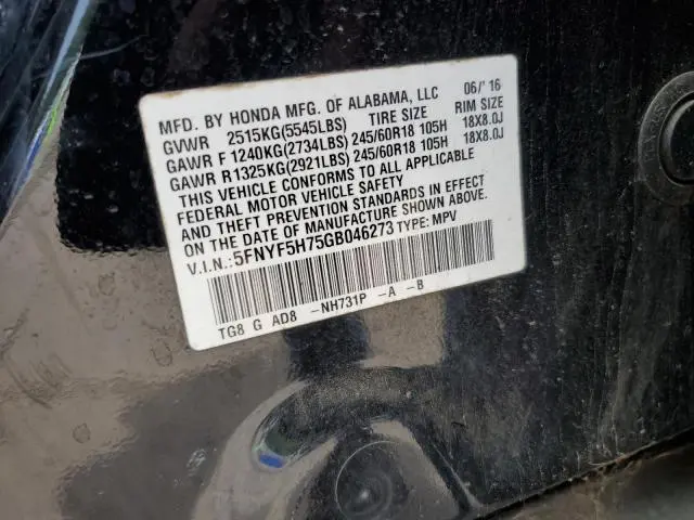 2016 HONDA PILOT EXLN  