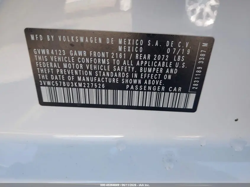 2019 VOLKSWAGEN JETTA 1.4T R-LINE/1.4T S/1.4T SE