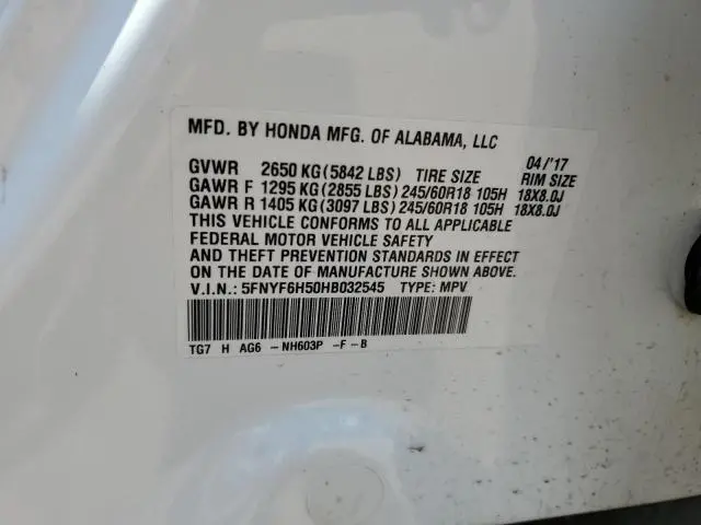 2017 HONDA PILOT EXL  