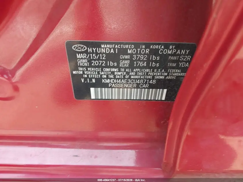2012 HYUNDAI ELANTRA LIMITED (ULSAN PLANT)