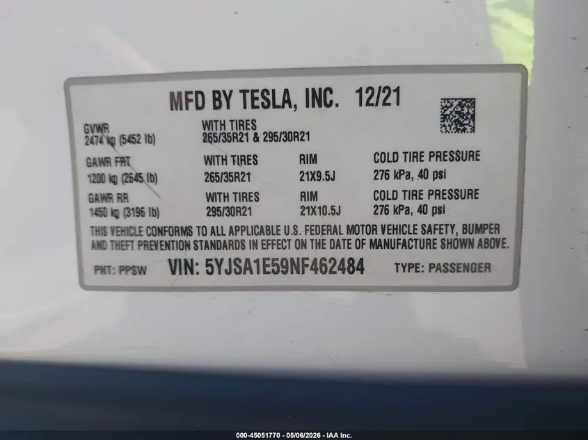 2022 TESLA MODEL S DUAL MOTOR ALL-WHEEL DRIVE