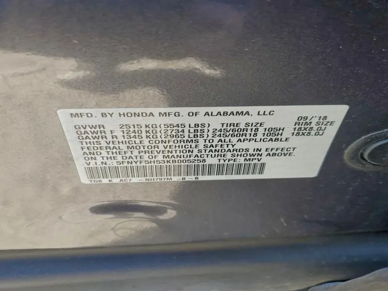 2019 HONDA PILOT EXL  