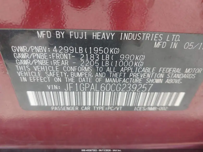 2012 SUBARU IMPREZA 2.0I SPORT PREMIUM