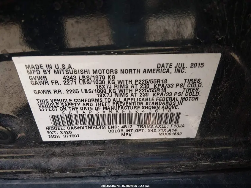 2015 MITSUBISHI OUTLANDER SPORT ES