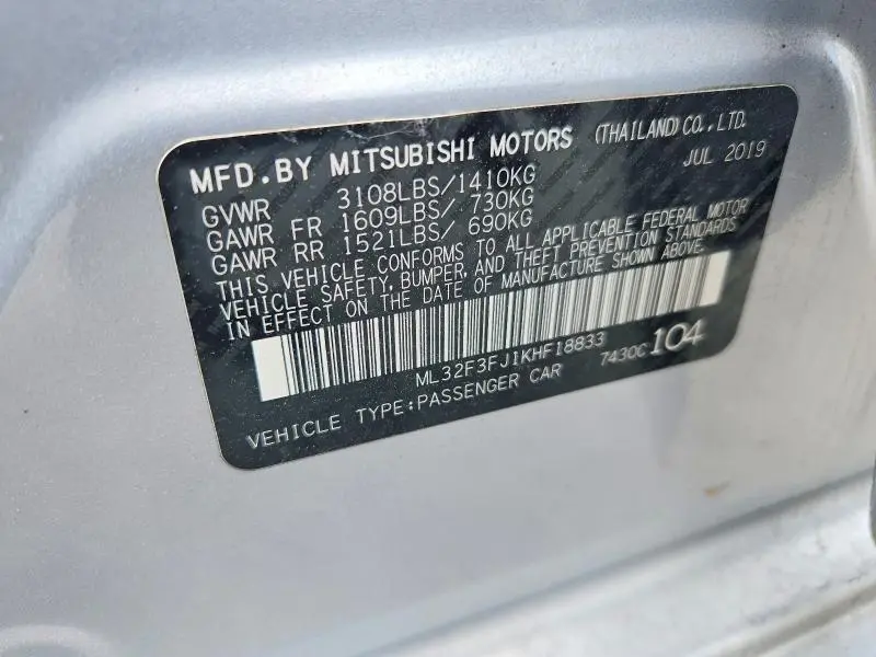 2019 MITSUBISHI MIRAGE   