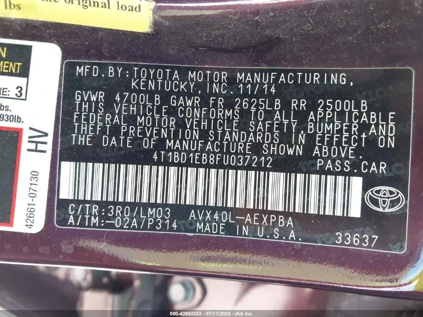 2015 TOYOTA AVALON HYBRID LIMITED