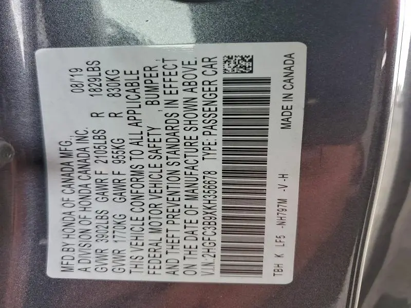 2019 HONDA CIVIC TOURING  