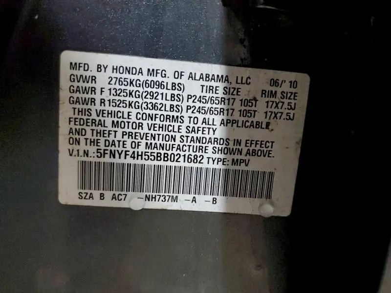 2011 HONDA PILOT EXL  