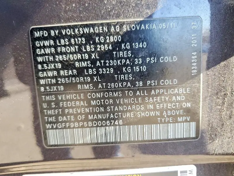 2011 VOLKSWAGEN TOUAREG V6  