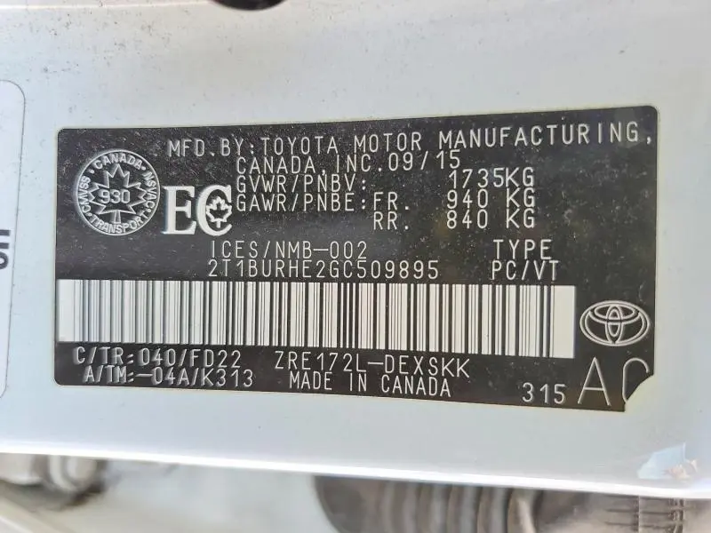2016 TOYOTA COROLLA L  