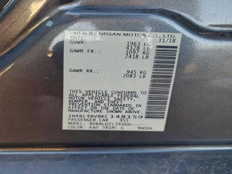 2019 NISSAN ALTIMA S  