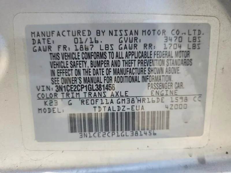 2016 NISSAN VERSA NOTE SV  