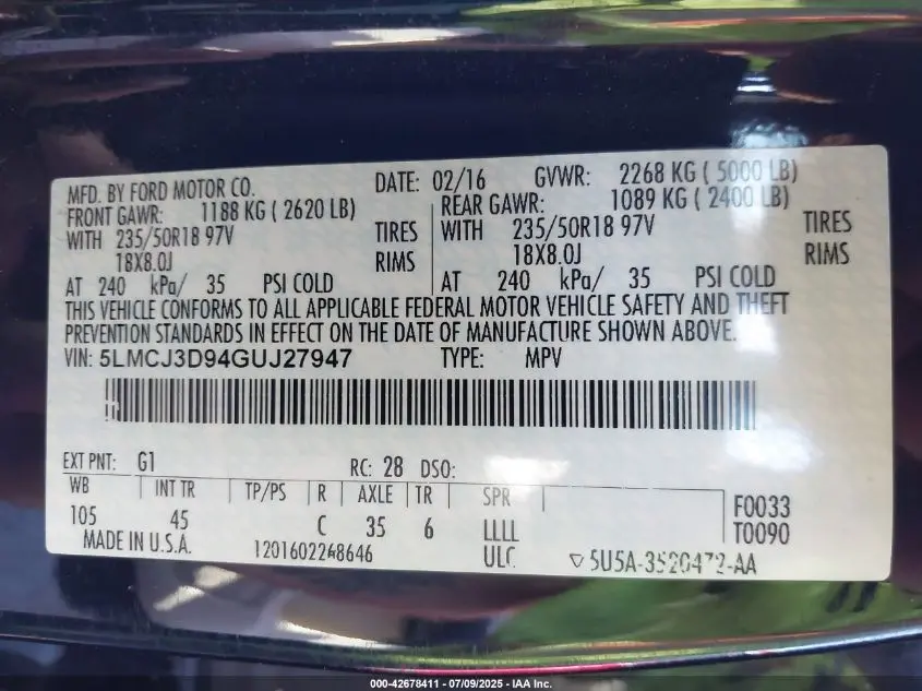 2016 LINCOLN MKC RESERVE