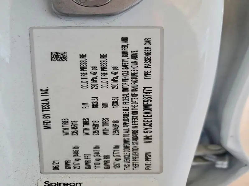 2021 TESLA MODEL 3   