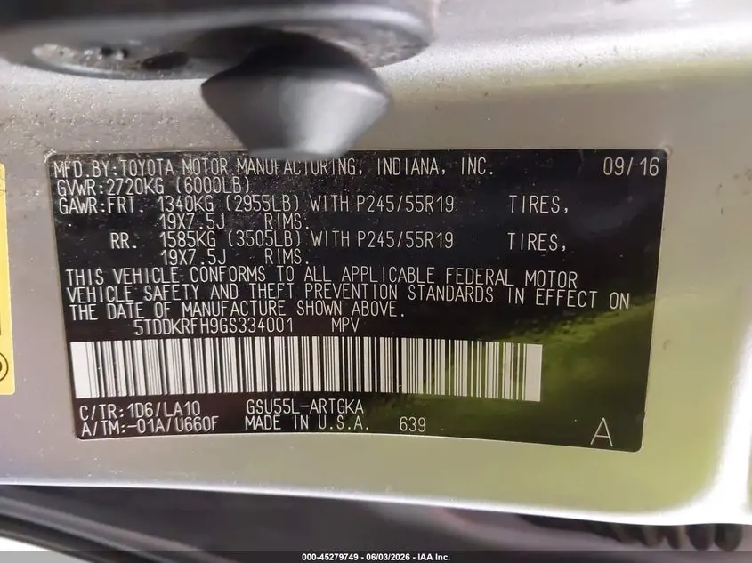 2016 TOYOTA HIGHLANDER LIMITED V6