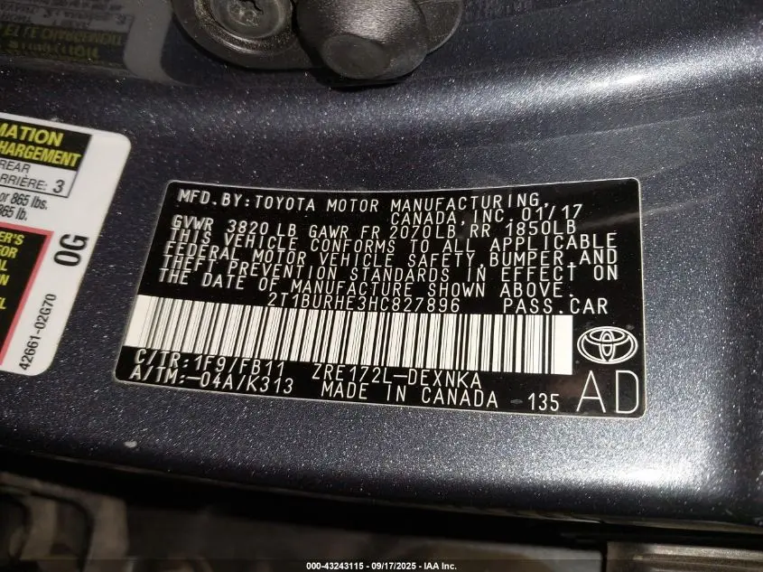 2017 TOYOTA COROLLA LE