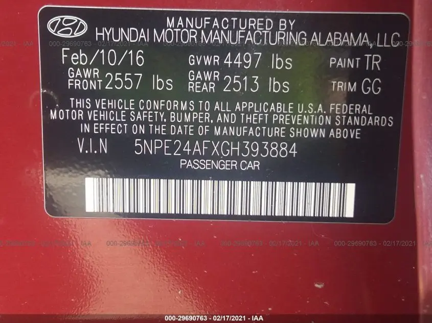 2016 HYUNDAI SONATA 2.4L