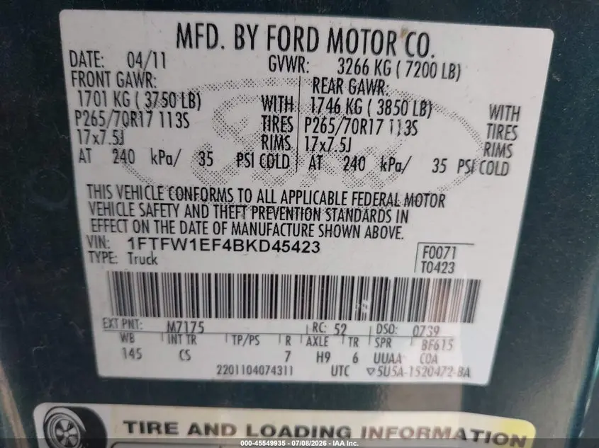 2011 FORD F-150 FX4/KING RANCH/LARIAT/PLATINUM/XL/XLT