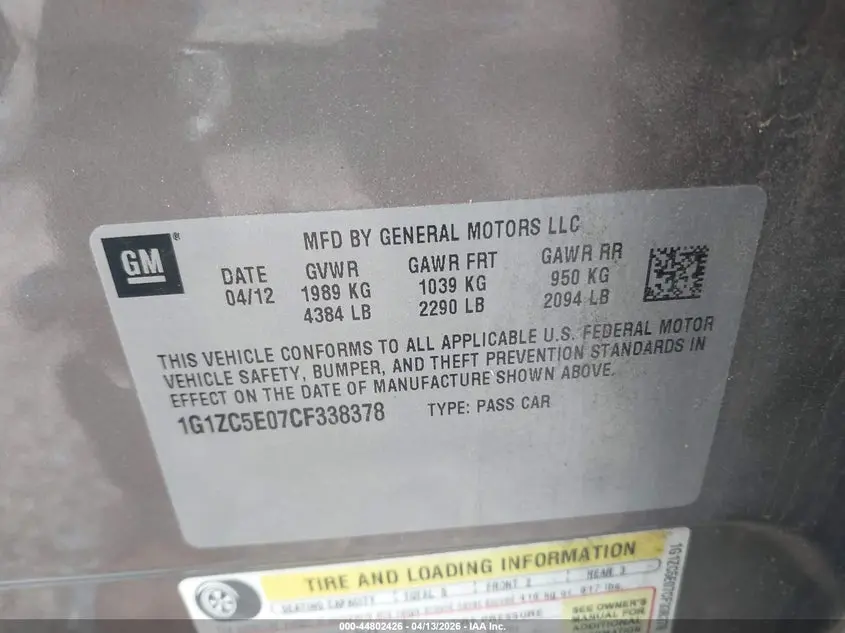 2012 CHEVROLET MALIBU 1LT
