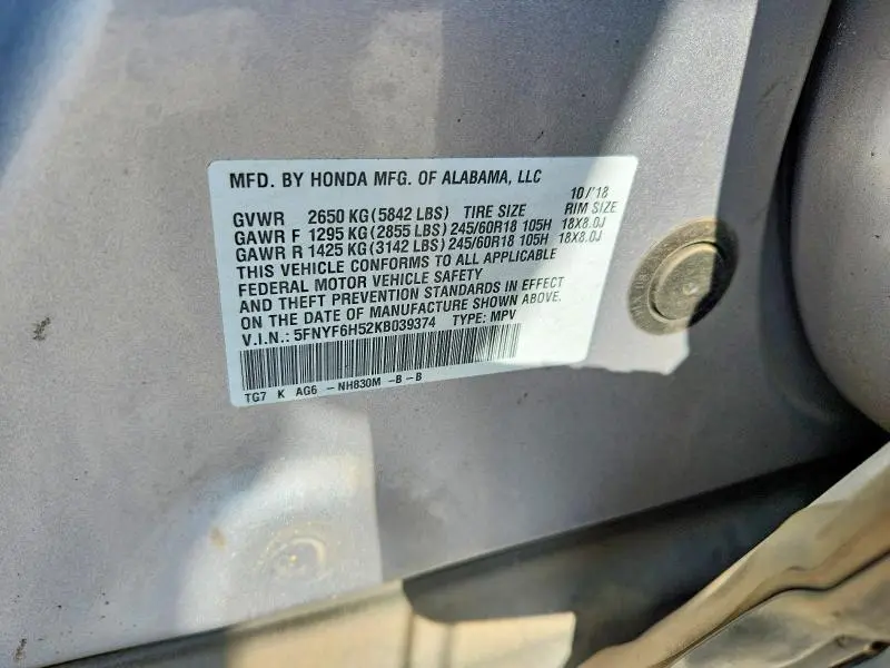 2019 HONDA PILOT EXL  