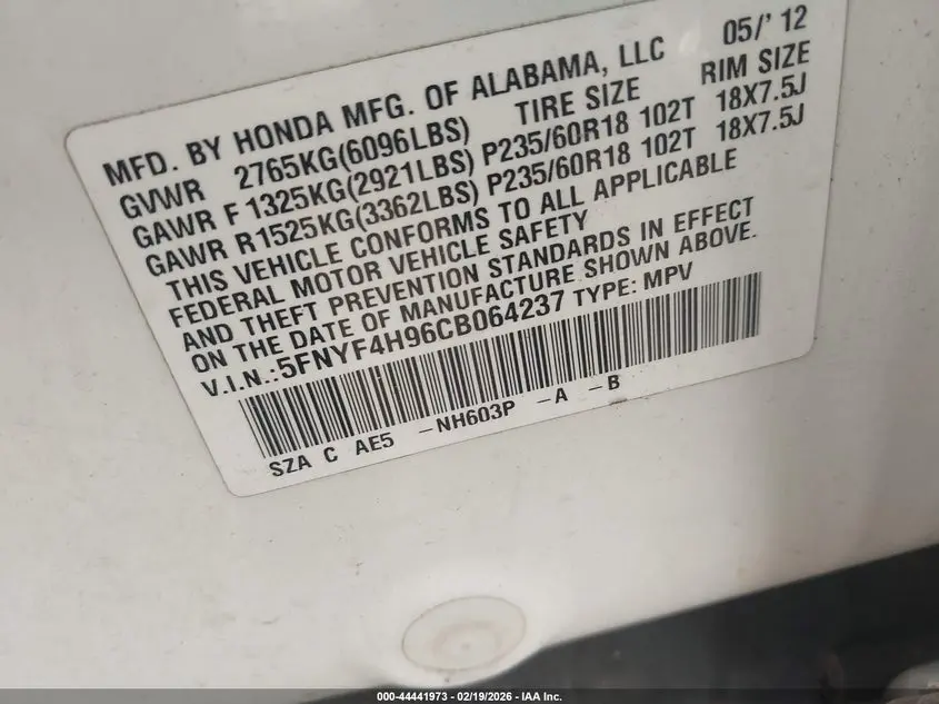 2012 HONDA PILOT TOURING