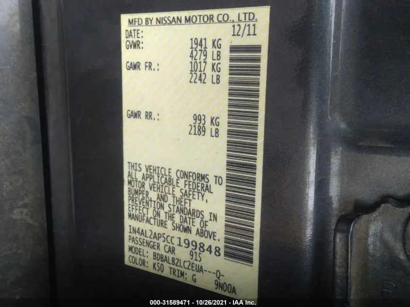 2012 NISSAN ALTIMA 2.5 S