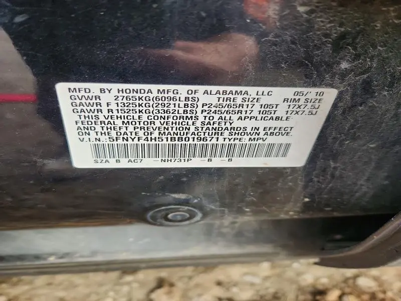 2011 HONDA PILOT EXL  