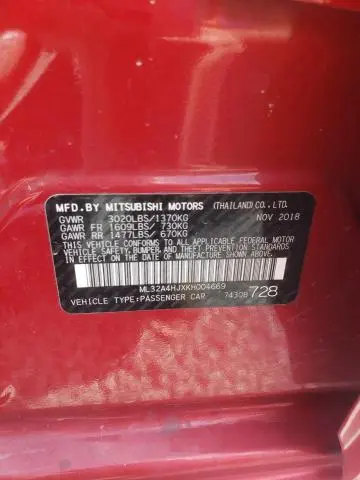 2019 MITSUBISHI MIRAGE SE  