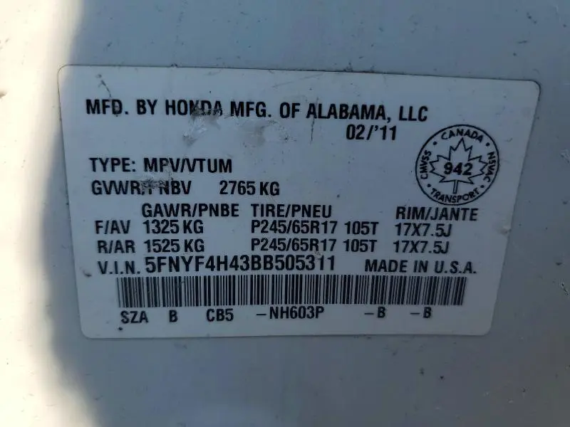 2011 HONDA PILOT EX  