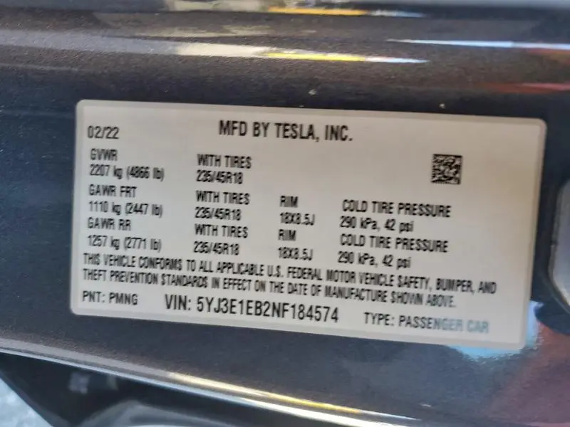 2022 TESLA MODEL 3   