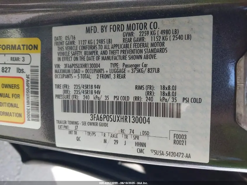 2017 FORD FUSION ENERGI PLATINUM