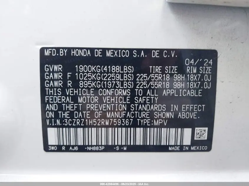 2024 HONDA HR-V 2WD SPORT/2WD SPORT W/O BSI