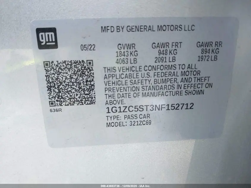 2022 CHEVROLET MALIBU FWD 1FL