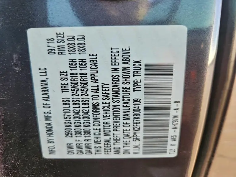 2019 HONDA RIDGELINE RTL  