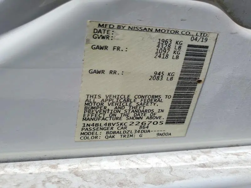 2019 NISSAN ALTIMA S  