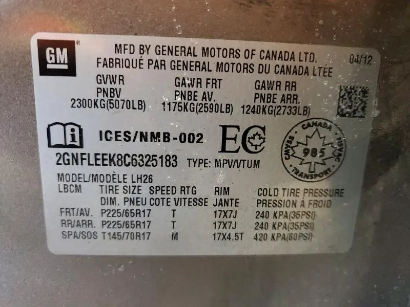 2012 CHEVROLET EQUINOX LT  