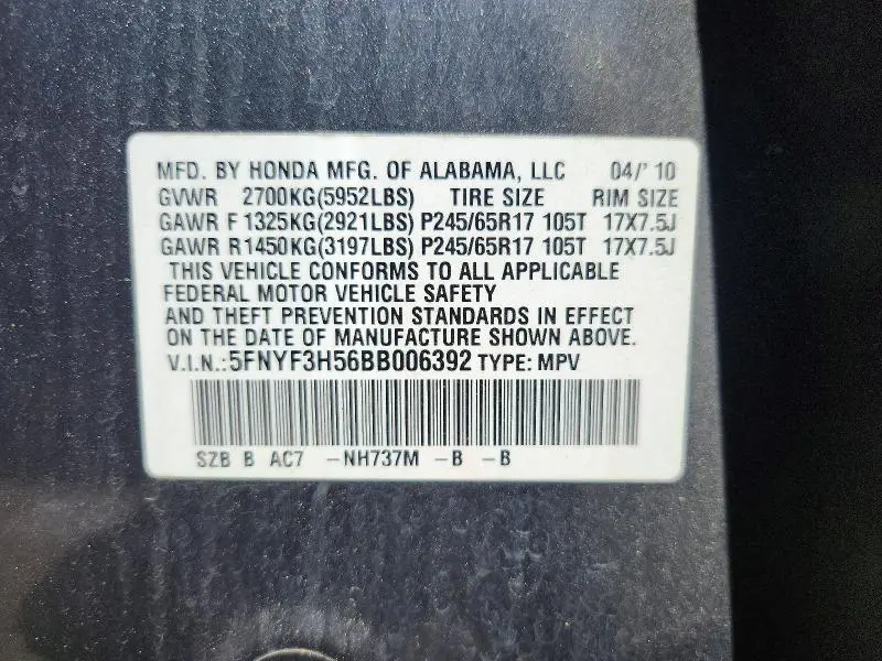 2011 HONDA PILOT EXL  