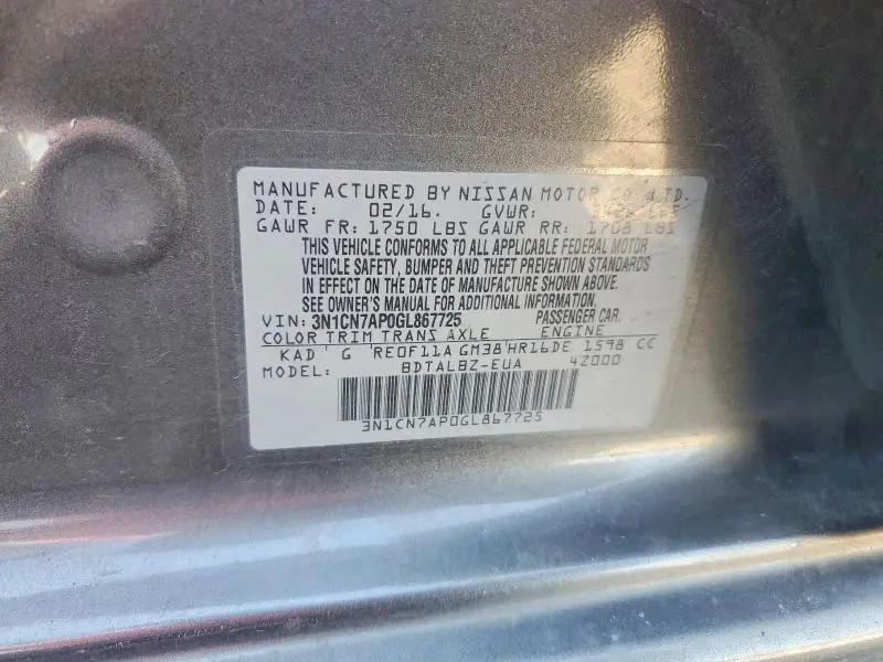 2016 NISSAN VERSA 1.6 SV  