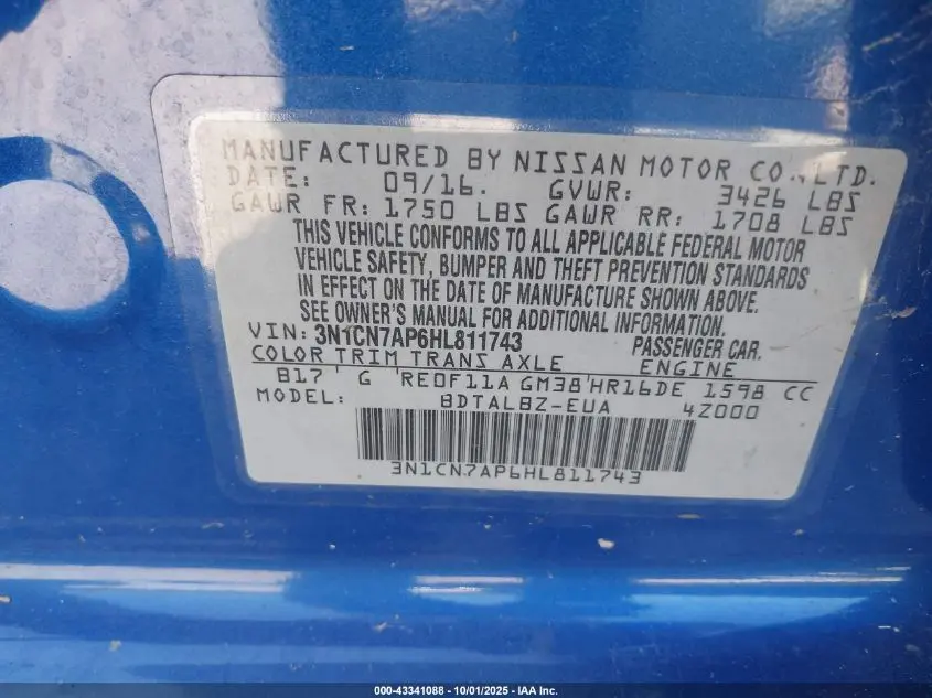 2017 NISSAN VERSA 1.6 SV